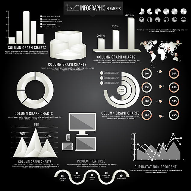 Creative business infographic elements including glossy 3D statistical bars, pie charts, coloumn graphs, digital devices and world map on wooden background.